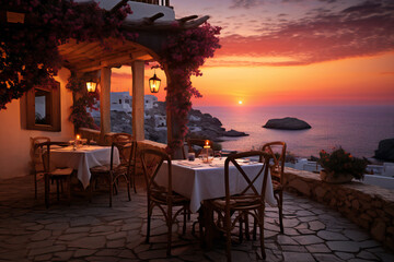View over a romantic old greek tavern on the Aegean sea, on a greek island in the evening