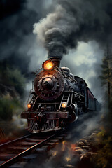 Obraz premium Old steam locomotive surrounded by smoke and steam