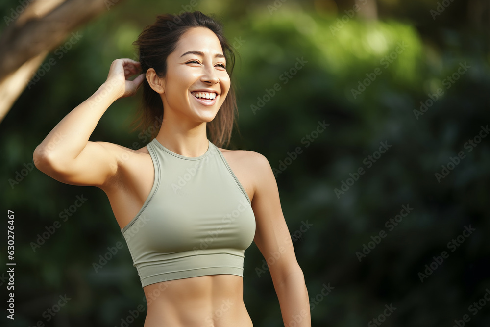 Wall mural Woman warming up for a morning workout outdoors. Generative AI.