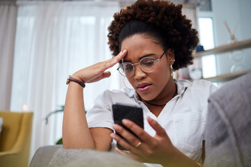 Woman, stress and reading phone in home for notification of bad news, problem and crisis of mistake...