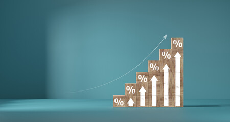 Fototapeta premium Interest rate and dividend concept, wooden block with percentage symbol and up arrow, return on stocks and mutual funds, long term investment for retirement.