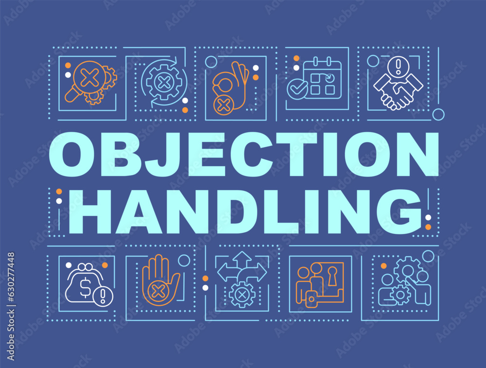 Poster objection handling word concepts dark blue banner. closing deal. infographics with editable icons on