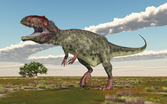 Dinosaurier Giganotosaurus in einer Landschaft