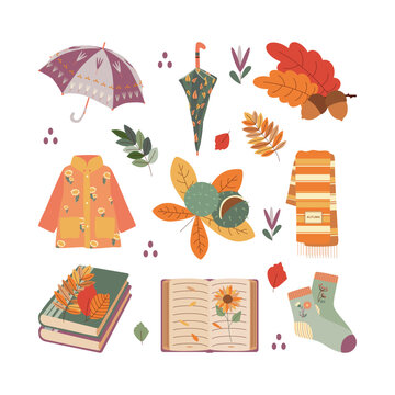 Umbrella, scarf, raincoat, book, sock, leaves. Hello autumn. Autumn season element, icon.