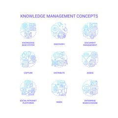 Blue gradient icons set representing knowledge management concepts, isolated vector, thin line illustration.
