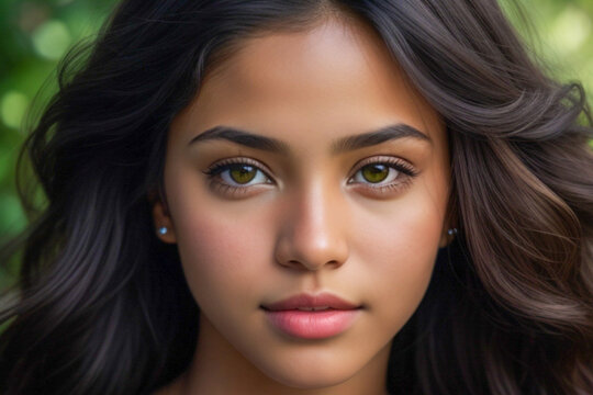 Mujer latina con pelo oscuro ojos verde y piel morena en fotografia de retrato