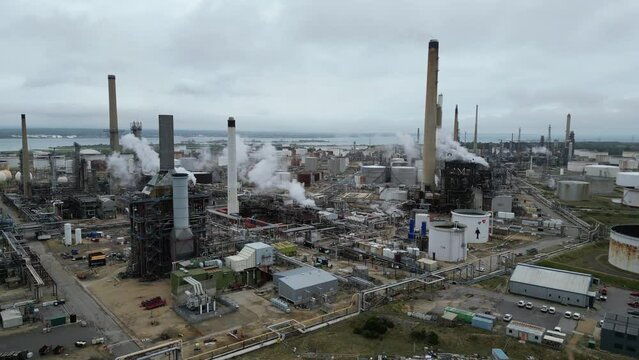 Ascending aerial  Fawley Oil Refinery&nbsp; UK Hampshire