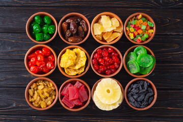 Group of dried and candied fruit in bowl
