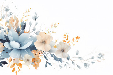 Pale autumn leaves and flowers - botanical design banner. Floral pastel watercolor border frame. Generative AI.