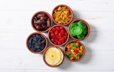 Group of dried and candied fruit in bowl