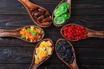 Group of dried and candied fruit in bowl