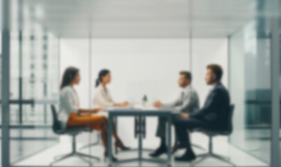Diverse millennial business team talking in meeting room, negotiating on project at table at glass wall panoramic window, discussing deal in open space, modern office interior. blurred background 