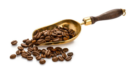 Scoop of coffee beans. Coffee beans in scoop isolated. - obrazy, fototapety, plakaty