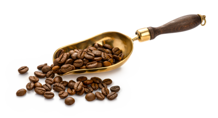 Scoop of coffee beans. Coffee beans in scoop isolated.