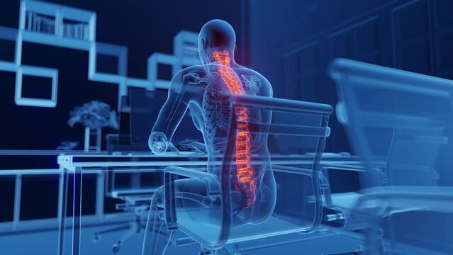 Animation of a man's spine while working in the office