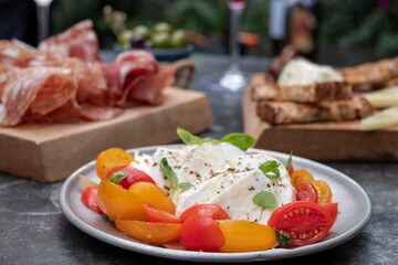 Appetising platters of caprese mozzarella cheese and tomatoes, and salami meat, photographed at a...