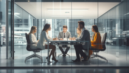 Diverse millennial business team talking in meeting room, negotiating on project at table at glass wall panoramic window, discussing deal in open space, modern office interior. blurred background  - obrazy, fototapety, plakaty