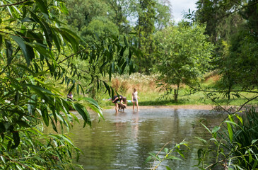 People playing with their dog in the River Chess chalk stream river at Chorleywood, Hertfordshire UK. 