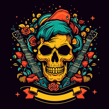 The skull as a symbol of a rock concert. Guitars and flowers in the background. Cartoon vector illustration.