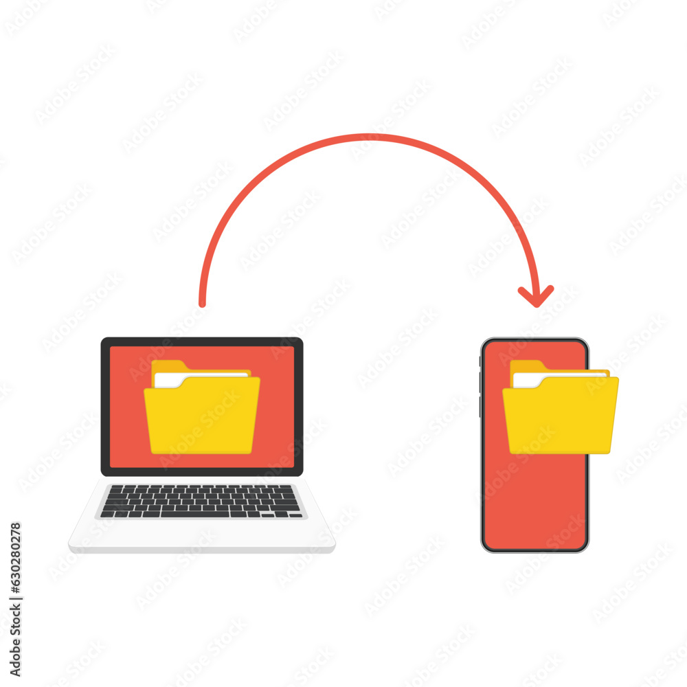 Poster file transfer concept. laptops and smartphone with yellow folders on screen and transferred document