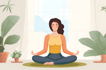 Healthy serene young woman meditating at home with eyes closed, relaxing body and mind sitting on floor in living room. Mental health and meditation. Generative Ai