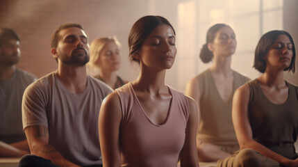 Fototapeta na wymiar Group Meditation in Yoga Studio Breath Exercise