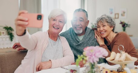 Senior women, man and selfie at brunch, tea party and happy in retirement, house and post on web blog. Elderly group, friends and photography with reunion, memory and profile picture for social media