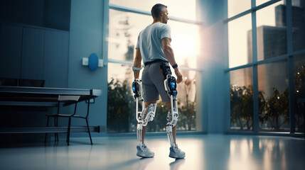 Fototapeta na wymiar Hospital Physical Therapy Rehabilitation of a Patient with Futuristic Robot Legs