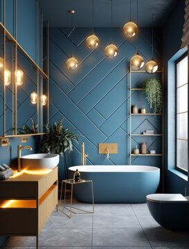 High detail bathroom with LED lights. Sleek and elegant marble bathroom with freestanding bathtub