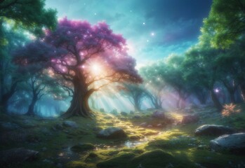 Fototapeta na wymiar Magical fantasy forest landscape with magical light around