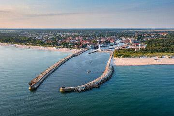 Beautiful sunrise over the Ustka harbour by the Baltic Sea, Poland.