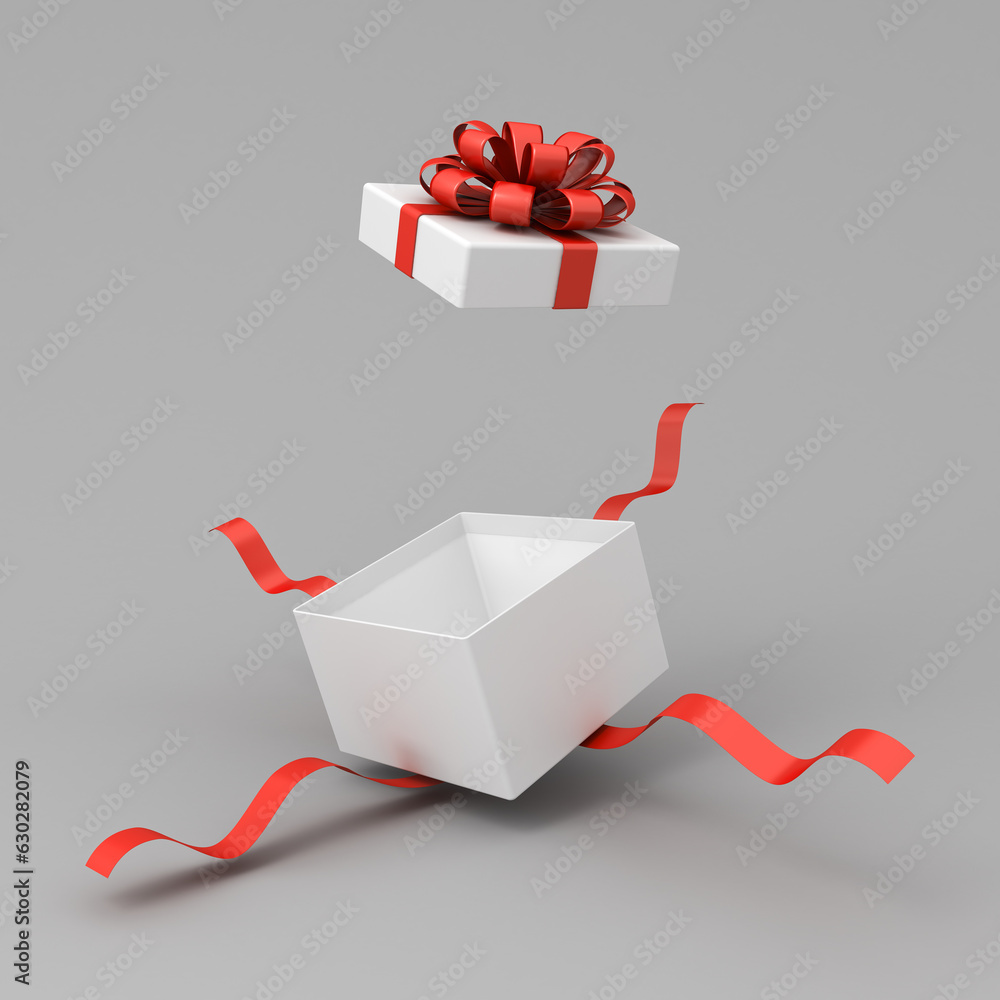 Aufkleber White present box open or white gift box with red ribbons and bow isolated on dark gray background with shadow minimal conceptual 3D rendering