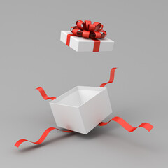 White present box open or white gift box with red ribbons and bow isolated on dark gray background with shadow minimal conceptual 3D rendering