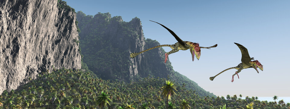 Flugsaurier Peteinosaurus &uuml;ber einer K&uuml;stenlandschaft