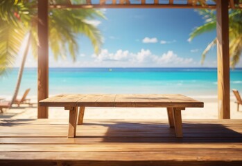 Empty wooden table on sunny blurred summer tropical sunny beach drink bar