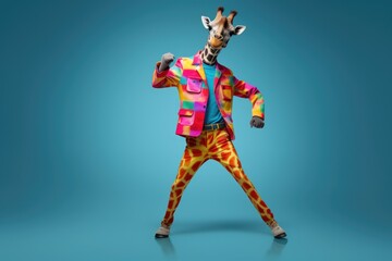 Fototapeta na wymiar Giraffe wearing colorful clothes dancing on the blue background