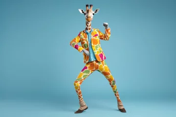 Gardinen  Giraffe wearing colorful clothes dancing on the blue background © kramynina