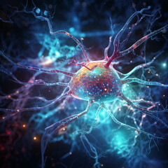 Connections of neurons in the human head. Glowing brain nerve cell.
