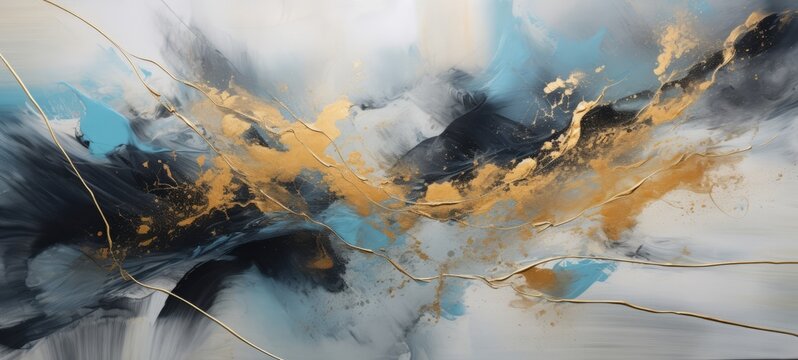 Abstract marbled oil acrylic paint ink painted waves painting texture colorful background banner on canvas - Blue, white and gold color swirls waves (Generative Ai)