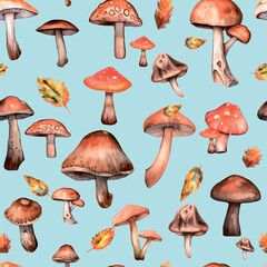 Mushroom pattern. Autumn seamless pattern. Realistic illustration of mushrooms, autumn seamless pattern, color background. Print for printing on textiles, clothes