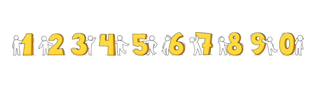 Cute doodle people with numbers from zero to 9