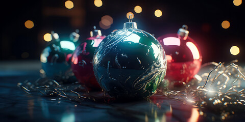 Close-up of Christmas decorations, blurred lights, bokeh in cozy home. Preparing to Christmas and New year event. Mystery evening atmosphere. Holidays winter celebration concept. Generative ai