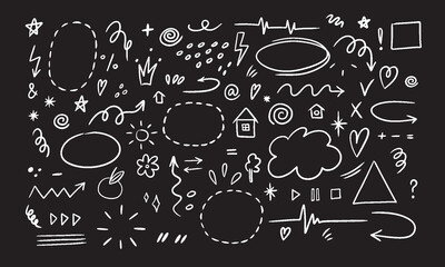 Hand drawn set of simple decorative elements. Various icons such as hearts, stars, speech bubbles, arrows, lines isolated on black background.