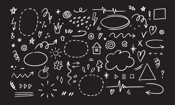 Hand drawn set of simple decorative elements. Various icons such as hearts, stars, speech bubbles, arrows, lines isolated on black background.