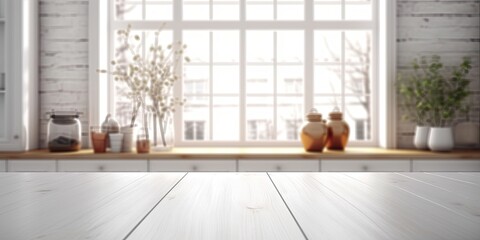 Vintage design in modern home. Empty wooden table for product in modern kitchen background
