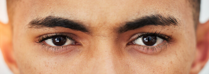 Banner, closeup and portrait of the eyes of a man for optometry, eye care or microblading. Zoom,...