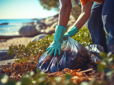 hands picking up litter in a local park or beach, contributing to a cleaner environment