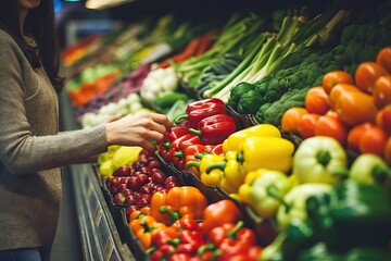 woman buy vegetables and fruits in supermarket. Woman buy vegetables in grocery store, supermarket.
