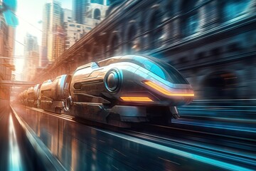 futuristic cinematic train, the future of the transportation, cinematic motion image - obrazy, fototapety, plakaty