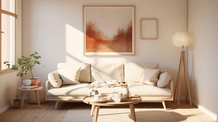 Sunny Scandinavian Interior With Cozy Couch and Pic